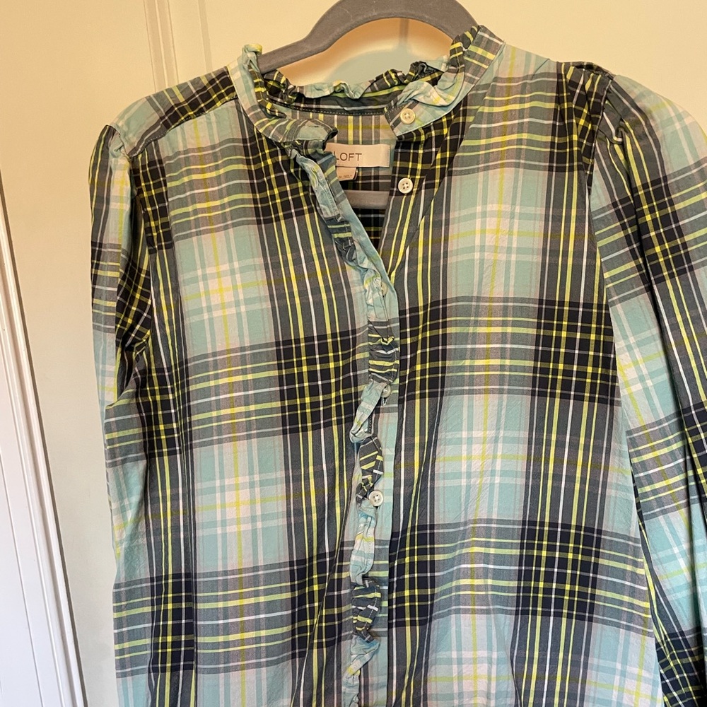 Loft Plaid Ruffle Blouse
